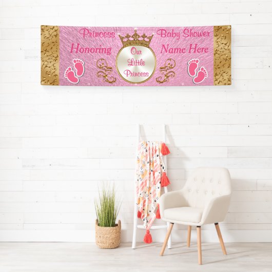Gepersonaliseerde roze prinses Baby shower banner (Insitu)