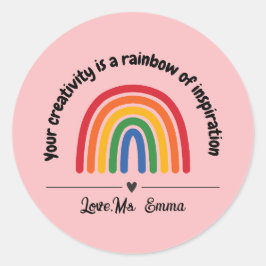 Gepersonaliseerde roze regenboog hart leraar belon ronde sticker