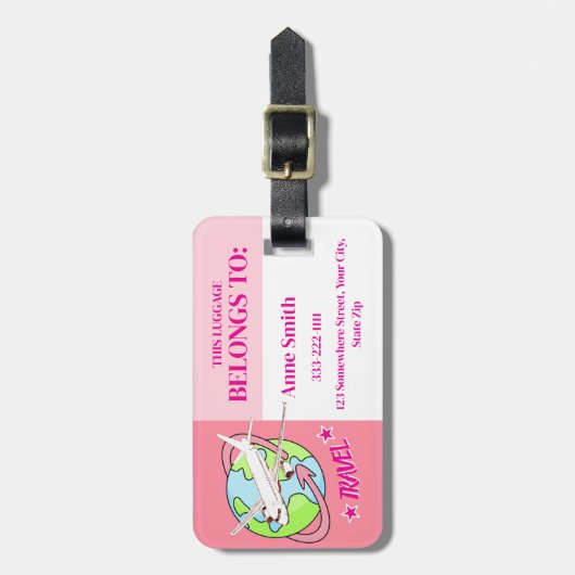 Gepersonaliseerde Roze Reizen Vliegtuig Bagagelabe Bagagelabel (Voorkant verticaal)