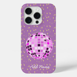 Gepersonaliseerde Roze Retro Disco Ball Paarse iPhone 15 Pro Case