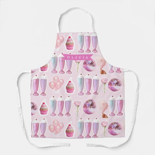 Gepersonaliseerde Roze Retro Milkshake Schattige C Schort (Voorkant)