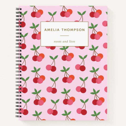 Gepersonaliseerde roze rode kersen fruit retro pat notitieboek (Voorkant)