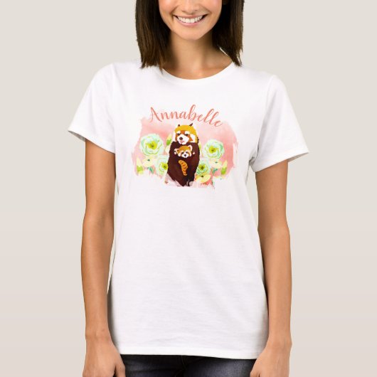 Gepersonaliseerde Roze Rode Panda Mom Baby T-shirt (Voorkant)