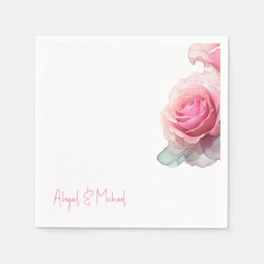 Gepersonaliseerde Roze Roos Bloemen Trouwcocktail Servet (Voorkant)