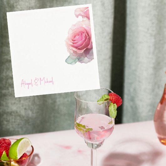 Gepersonaliseerde Roze Roos Bloemen Trouwcocktail Servet