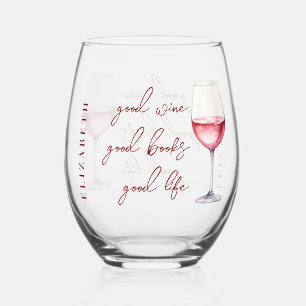 Gepersonaliseerde Roze Roze Wijn & Boek Liefhebber Wijnglas Zonder Voet
