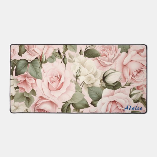 Gepersonaliseerde Roze Rozen Bloemen Desk Mat (Voorkant)