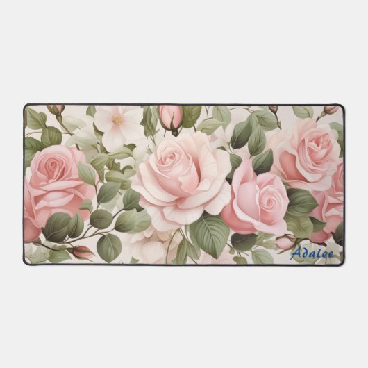 Gepersonaliseerde Roze Rozen Bloemen Desk Mat (Voorkant)