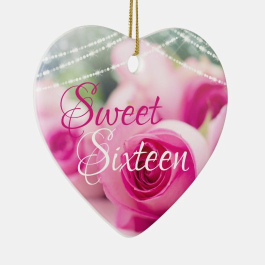 Gepersonaliseerde roze rozen en lichte zestien keramisch ornament (Rechts)