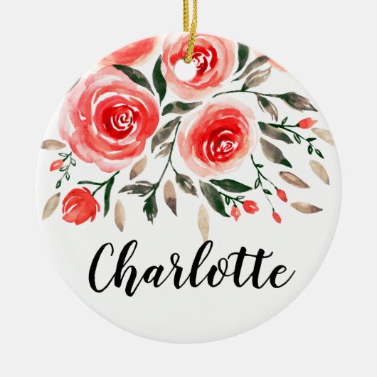 Gepersonaliseerde Roze Rozen Waterverf Bloemen Keramisch Ornament (Voorkant)