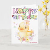 Gepersonaliseerde Roze Rubber Eend Eerste Verjaard Kaart (Gele Bloem)