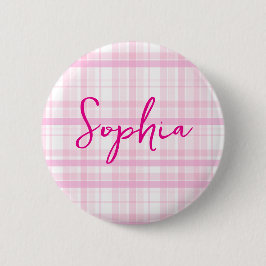 Gepersonaliseerde roze ruitknoop met naam ronde button 5,7 cm