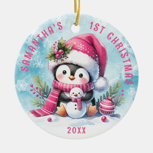 Gepersonaliseerde Roze Schattigee Pinguïn Meisje 1 Keramisch Ornament (Voorkant)