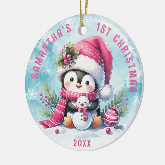Gepersonaliseerde Roze Schattigee Pinguïn Meisje 1 Keramisch Ornament (Links)
