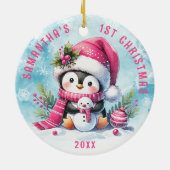 Gepersonaliseerde Roze Schattigee Pinguïn Meisje 1 Keramisch Ornament (Achterkant)