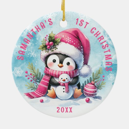 Gepersonaliseerde Roze Schattigee Pinguïn Meisje 1 Keramisch Ornament (Achterkant)