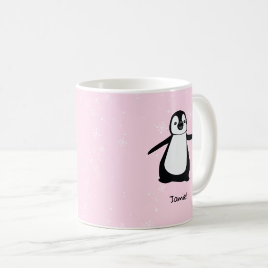 Gepersonaliseerde Roze Schattigee Pinguïn Winter s Koffiemok (Voorkant rechts)