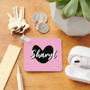 Gepersonaliseerde roze sleutelhanger met zwarte ha
