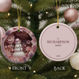 Gepersonaliseerde Roze Sneeuwman Kerstmis Keramisch Ornament