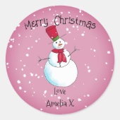 Gepersonaliseerde Roze Sneeuwman Kerstmis Ronde Sticker (Voorkant)