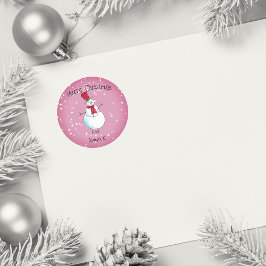 Gepersonaliseerde Roze Sneeuwman Kerstmis Ronde Sticker
