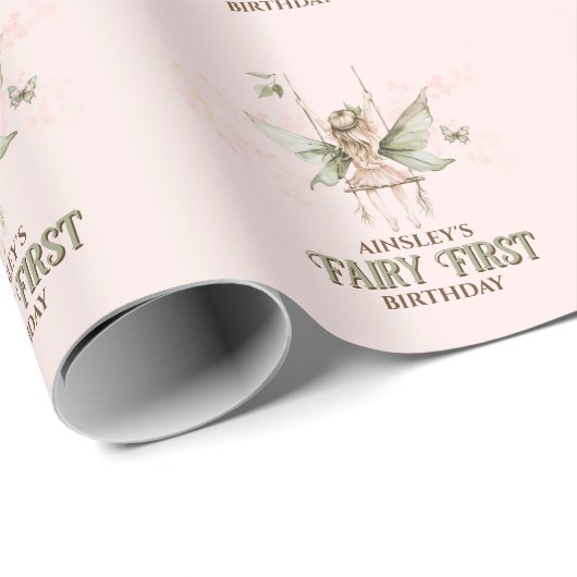 Gepersonaliseerde Roze Sprookje Eerste 1e Verjaard Cadeaupapier (Rol Hoek)