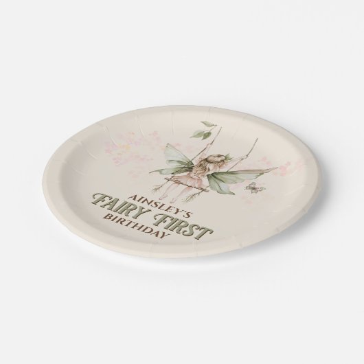 Gepersonaliseerde Roze Sprookje Eerste 1e Verjaard Papieren Bordje (Gekanteld)