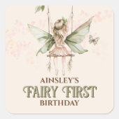 Gepersonaliseerde Roze Sprookje Eerste 1e Verjaard Vierkante Sticker (Voorkant)