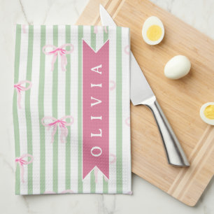 Gepersonaliseerde Roze Strik Groene Streep Coquett Theedoek