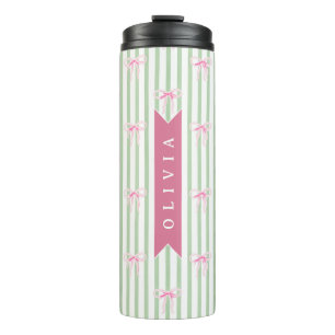 Gepersonaliseerde Roze Strik Groene Streep Coquett Thermosbeker