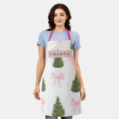 Gepersonaliseerde Roze Strik & Kerstboom Schort (Gedragen)