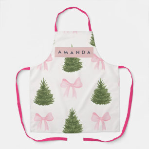 Gepersonaliseerde Roze Strik & Kerstboom Schort