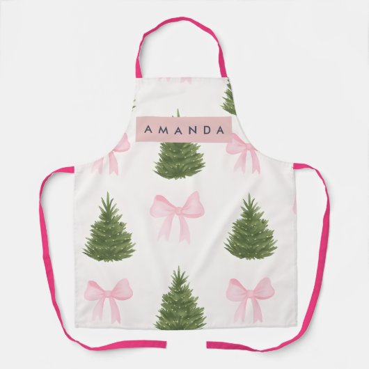 Gepersonaliseerde Roze Strik & Kerstboom Schort (Voorkant)