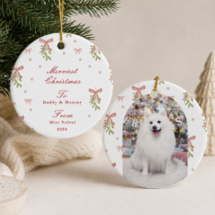 Gepersonaliseerde Roze Strik Miste Dier Foto Kerst Keramisch Ornament