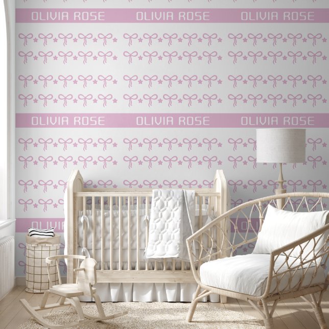 Gepersonaliseerde roze strikken Baby Naam Wallpape Behang (Kinderen)