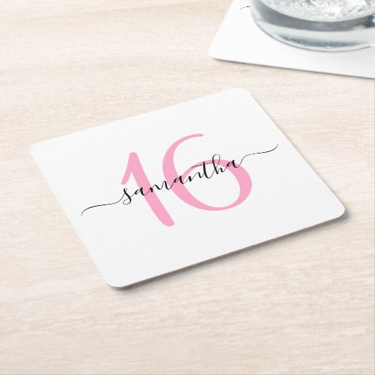 Gepersonaliseerde roze Sweet 16 Kartonnen Onderzetters (Schuin)