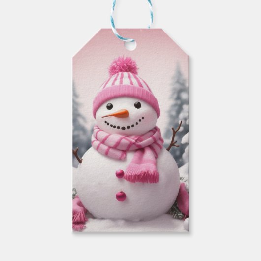 Gepersonaliseerde roze thema Kerstmis Sneeuwman Cadeaulabel (Voorkant)