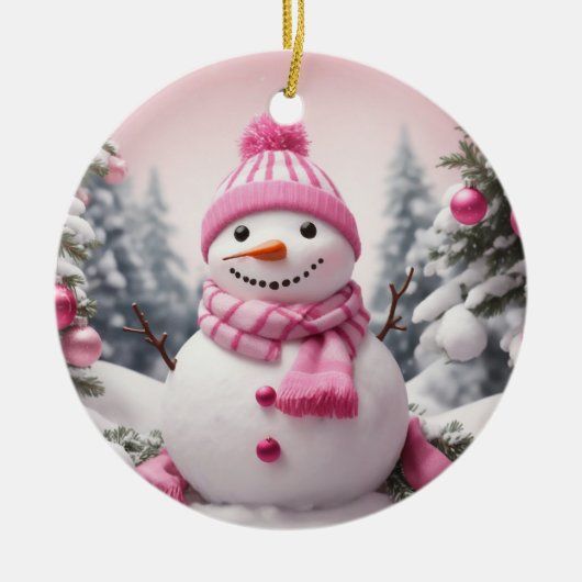 Gepersonaliseerde roze thema Kerstmis Sneeuwman Keramisch Ornament (Voorkant)