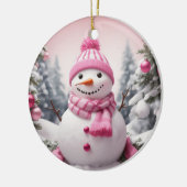 Gepersonaliseerde roze thema Kerstmis Sneeuwman Keramisch Ornament (Links)