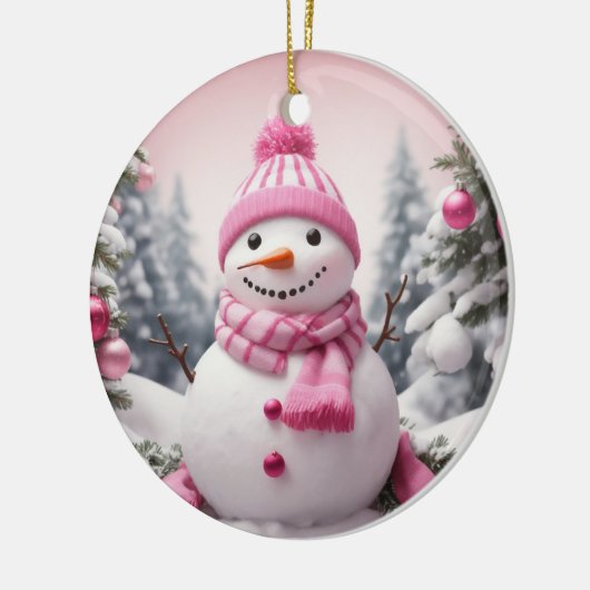 Gepersonaliseerde roze thema Kerstmis Sneeuwman Keramisch Ornament (Links)