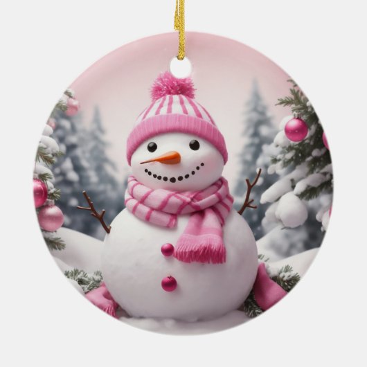 Gepersonaliseerde roze thema Kerstmis Sneeuwman Keramisch Ornament (Achterkant)