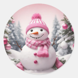 Gepersonaliseerde roze thema Kerstmis Sneeuwman Ronde Sticker