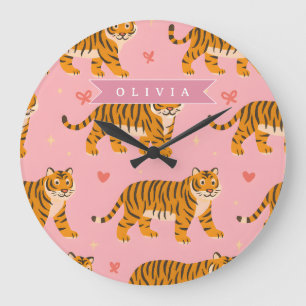 Gepersonaliseerde Roze Tijger Chic Edgy Leuke Esth Grote Klok