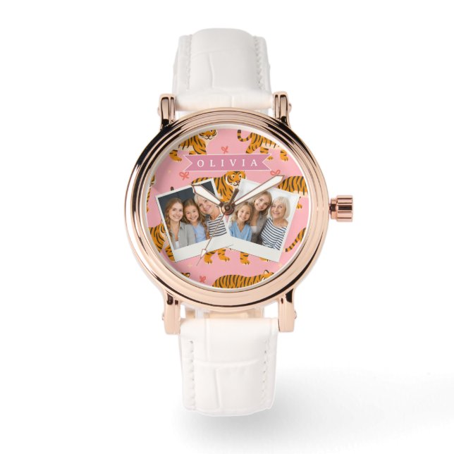 Gepersonaliseerde Roze Tijger Chic Edgy Leuke Esth Horloge (Voorkant)