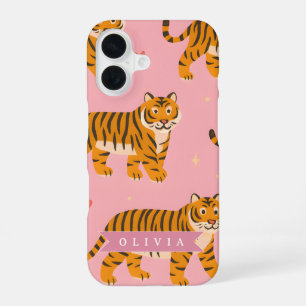 Gepersonaliseerde Roze Tijger Chic Edgy Leuke Esth iPhone 16 Hoesje
