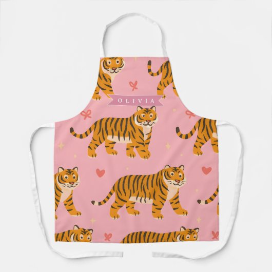 Gepersonaliseerde Roze Tijger Chic Edgy Leuke Esth Schort (Voorkant)