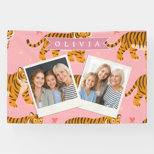 Gepersonaliseerde Roze Tijger Chic Edgy Leuke Esth Spandoek (Horizontaal)