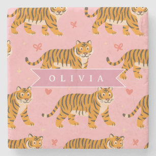 Gepersonaliseerde Roze Tijger Chic Edgy Leuke Esth Stenen Onderzetter