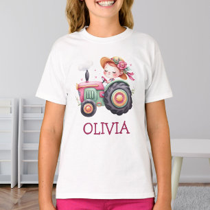 Gepersonaliseerde Roze Tractor voor Meisjes T-shirt
