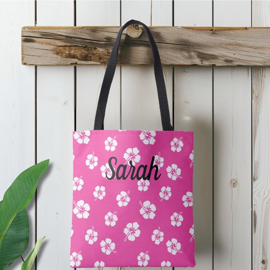 Gepersonaliseerde roze tropische bloem tote bag